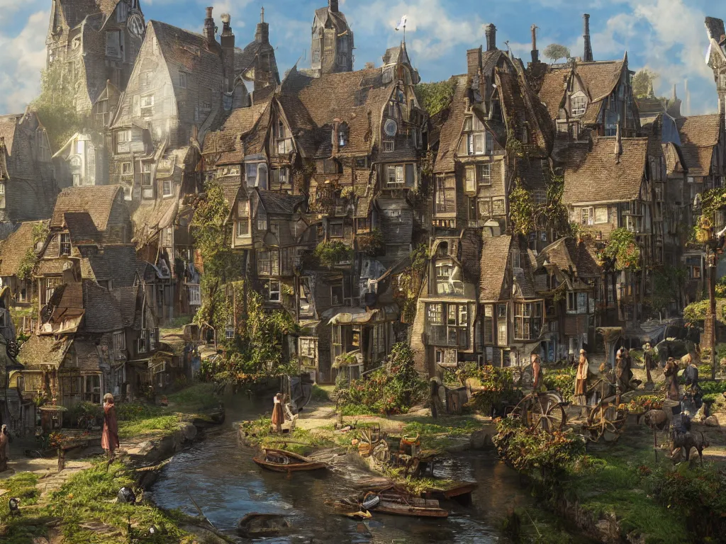 Image similar to a magical village on a slow day, inspired by victorian england and amsterdam, sunny weather, highly detailed, intricate, digital painting, trending on artstation, concept art, matte painting, art by greg rutkwowski, craig mullins, octane render, 8 k, unreal engine