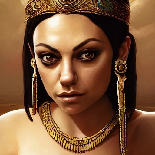 Image similar to closeup portrait of mila kunis as cleopatra, palace background, dramatic light, gorgeous view, depth, high detail, digital art, painted by seb mckinnon and greg rutkowski, trending on artstation