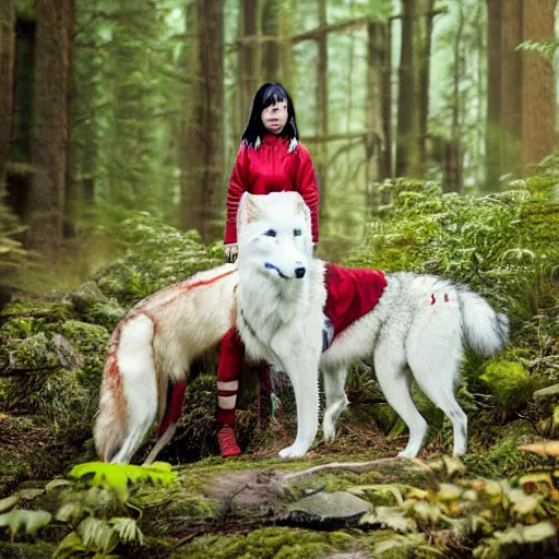 Prompt: Highly realistic photo of Princess Mononoke as a real person ((asian woman with red facepaint)) determined expression, standing next to a giant white wolf, in a forest, 85mm lens, f1.8, highly detailed