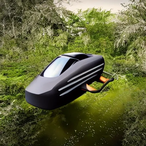 Image similar to a futuristic flying car floating through an overgrown abandoned city