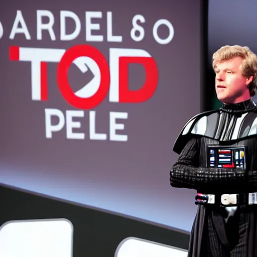 Prompt: rare photo of lord vader giving ted talk