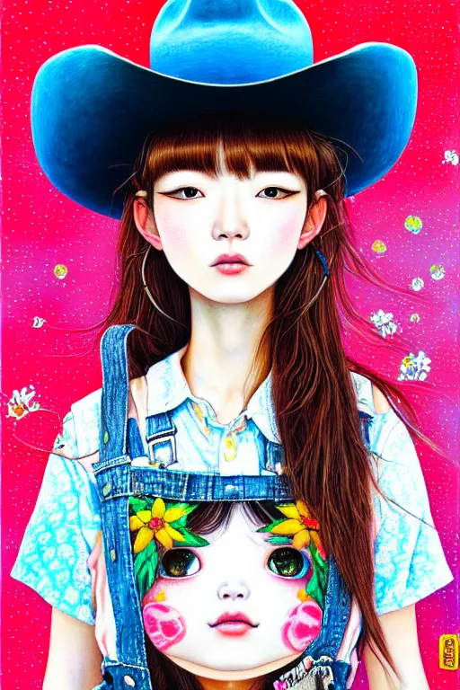 Image similar to girl wearing a cowboy hat, style of yoshii chie and hikari shimoda, highly detailed