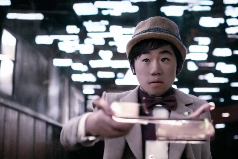 Image similar to cinematic still of Steven Yeun from charlie and chocolate factory (2005), XF IQ4, f/1.4, ISO 200, 1/160s, 8K, RAW, dramatic lighting, symmetrical balance, in-frame