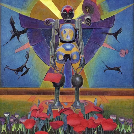 Prompt: the crow in her robot mask stands on the lawn, by annie swynnerton and kit williams and diego rivera and leo and diane dillon and nicholas roerich, symbolist, dramatic lighting, elaborate geometric ornament, art brut, god rays, soft cool colors, smooth, sharp focus, extremely detailed, adolf wolfli