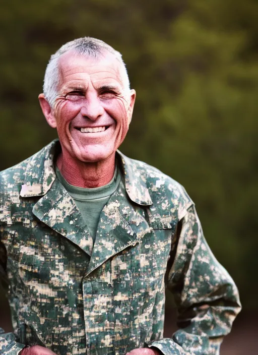 Prompt: a grizzled 5 0 year old soldier, smiling at the camera, annie leibovitzvitz