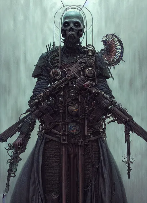 Image similar to portrait of a executioner, hyper detailed masterpiece, dystopian background, jean giraud, digital art painting, darkwave goth aesthetic, lovecraftian, artgerm, donato giancola and tom bagshaw