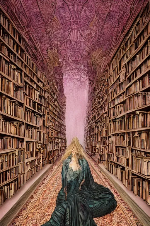 Prompt: elaborately hyperdetailed illustration of an extremely beautiful regal witch in a library, eerie mist and ethereal pink flowers, Art Noveau, Aetherpunk, atmospheric lighting, high fantasy digital art painting, smooth, sharp focus, highly detailed illustration highlights, backlight, golden ratio, 8K detail post-processing, symmetrical facial features, rich deep moody colors, award winning picture, Daily Deviation on DeviantArt, trending on cgsociety, featured on ArtstationHQ, very coherent symmetrical artwork, concept art, octane render, Unreal Engine, vibrant colors, smooth gradients