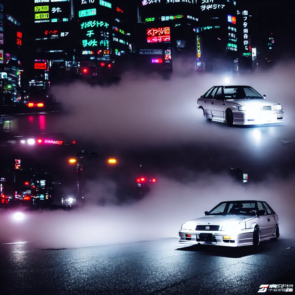 Image similar to JZX90 twin turbo drift in Shibuya, misty night
