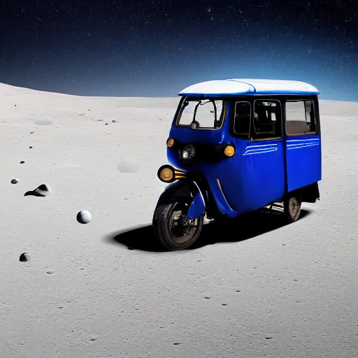 Prompt: a dark blue bajaj tuk tuk traveling on the surface of the moon, moon craters, night sky, milky way, hard lighting, matte painting, concept art, 4k