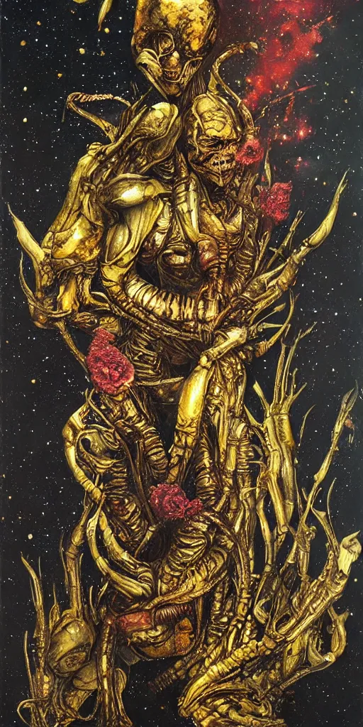 Prompt: oil painting scene from Alien 2 movie Giger with melting gold, colorful glow flowers, nebula background art by kim jung gi