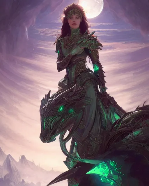 Image similar to Fantasy emerald knight, moonlit, HD, illustration, epic, fantasy, intricate, elegant, highly detailed, digital painting, artstation, concept art, smooth, sharp focus, illustration, art by artgerm and greg rutkowski and alphonse mucha, monster hunter illustrations art book