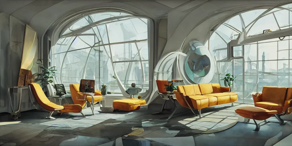 Prompt: a beautiful illustration of futuristic interior studio, lots of furniture, sofa, waiting room, big medium small, sacred geometry, golden ratio, in watercolor gouache detailed paintings, in style of syd mead, trending on artstation, 8 k, panel, hard surface, vent, zaha hadid, props, plant, cozy, decoration,, simon stalenhag, deus ex