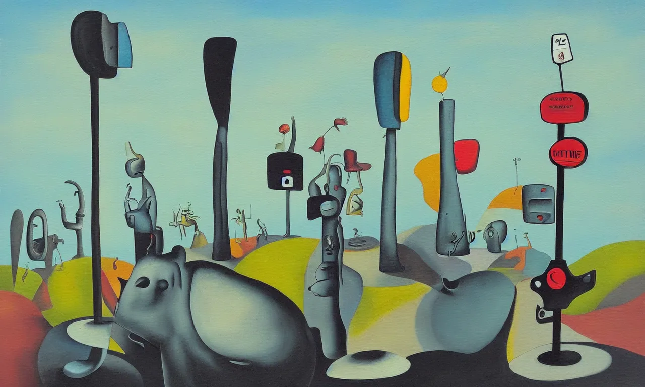 Prompt: “a painting in the style of Yves Tanguy , a parking meter stands in the middle of a desert. Next to the parking meter we see a priest, a woman in a green dress , and a rhinoceros ”