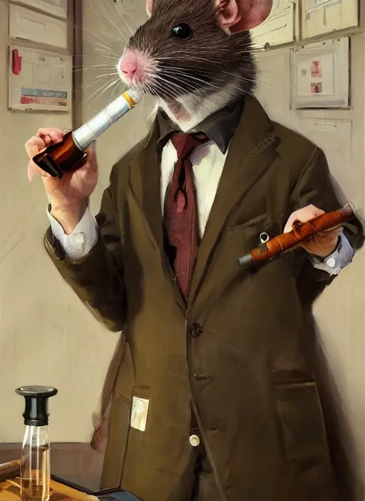 Prompt: oil painting of a cute pet rat dressed as an english professor smoking a pipe, giving a lecture in a university chemistry lab, digital art, artstation, fantasy, cinematic, fine details by realistic shaded lighting poster by ilya kuvshinov katsuhiro otomo, magali villeneuve, artgerm, jeremy lipkin and michael garmash and rob rey