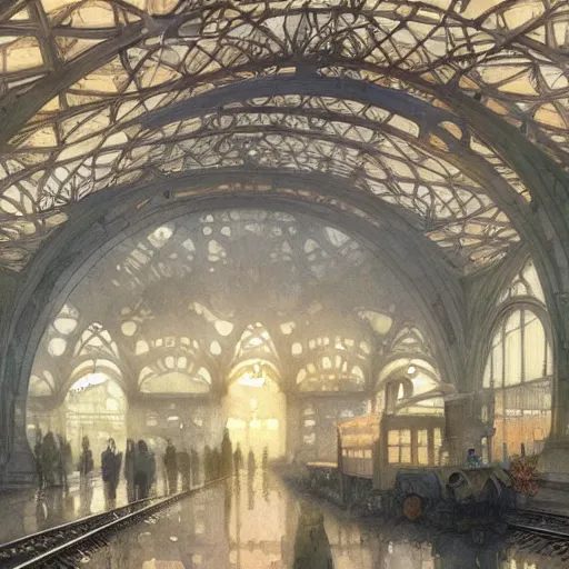 Image similar to a beautifull intricate watercolour painting of a train station, reflexions, verry high details by william turner art, greg rutkowski and alphonse mucha, trending on artstation, very very detailed, masterpiece, muted colors