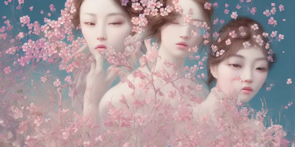 Image similar to breathtaking delicate detailed concept art painting pattern blend of flowers and girls, by hsiao - ron cheng, bizarre compositions, exquisite detail, pastel colors, 8 k