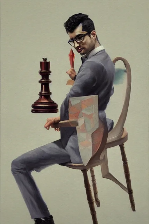 Image similar to a painting of anish giri as chess theoretician pondering over a chess board, a surrealist painting by james jean, trending on cgsociety, pop surrealism, angular