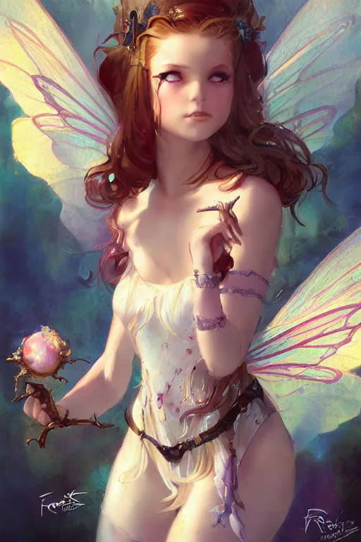 Prompt: a portrait of a cute magical fantasy fairy girl by Frank Frazetta, WLOP and ross tran