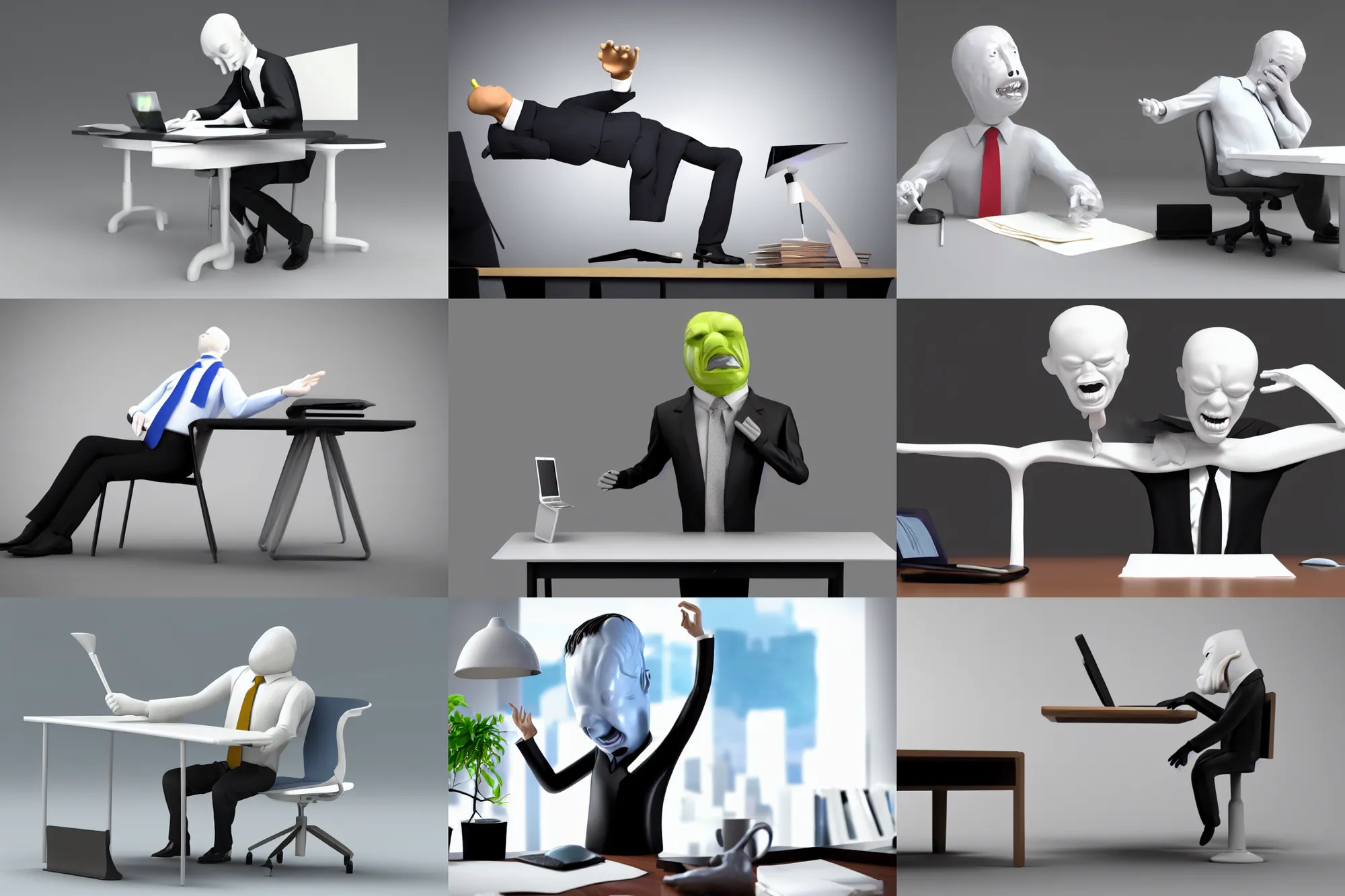 Prompt: faceless businessman melting onto his desk. goopy rubbery man, long floppy arms, smooth 3 d render