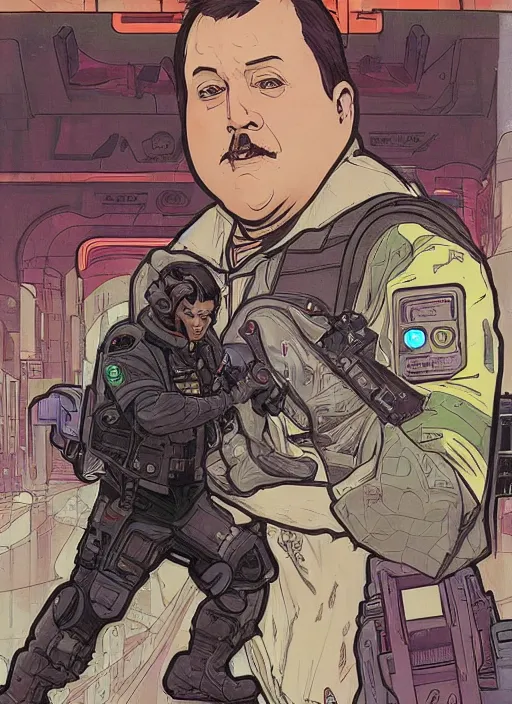 Image similar to cyberpunk paul blart falling down escalator. portrait by ashley wood and alphonse mucha and laurie greasley and josan gonzalez and james gurney. spliner cell, apex legends, rb 6 s, hl 2, d & d, cyberpunk 2 0 7 7. realistic face. vivid color. dystopian setting.
