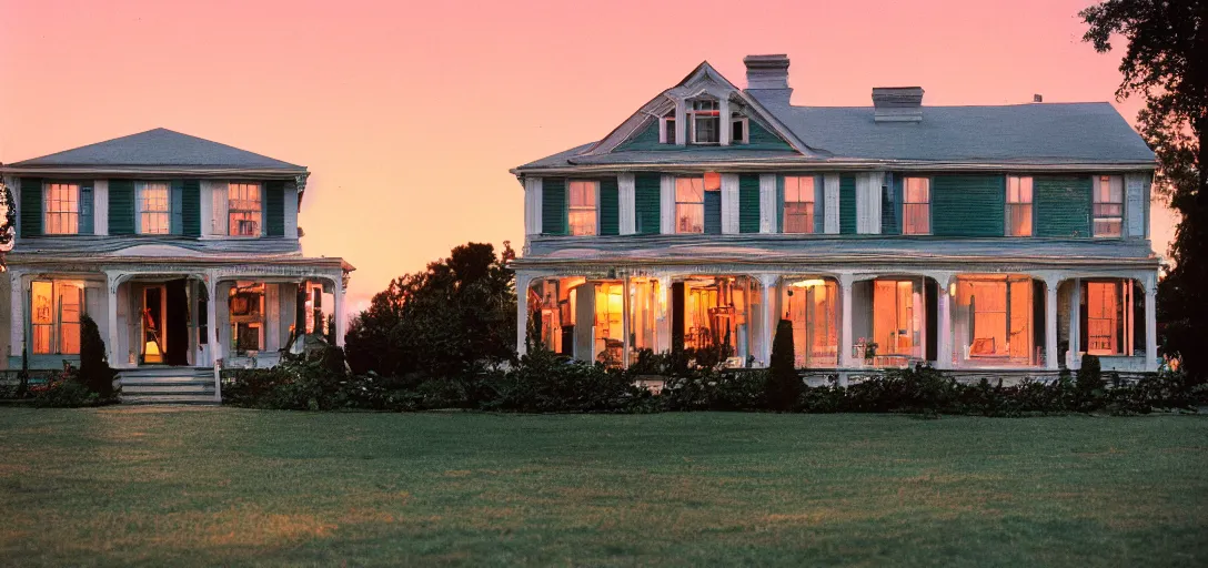 Image similar to american foursquare house designed by dali, david lynch, and cartier at sunset. cinematic. fujinon premista 1 9 - 4 5 mm t 2. 9. portra 8 0 0.