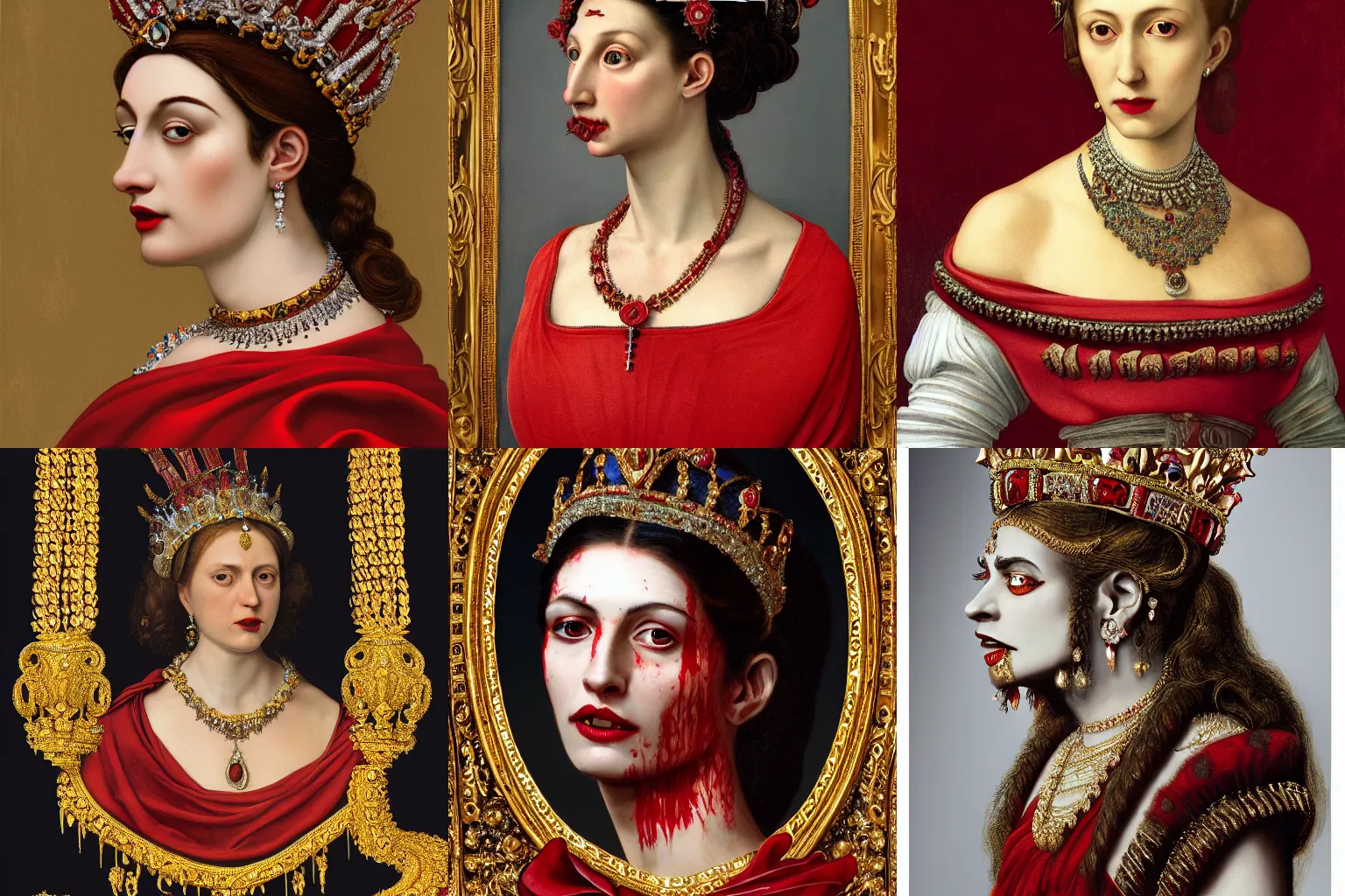 Image similar to A extremely highly detailed majestic hi-res beautiful head and shoulders painting of a beautiful bloody vampre woman with fangs wearing a long royal red silk dress, the crown jewels is on her head and around her neck is a ornate golden necklace decorated with diamonds and rupees by Michelangelo Merisi da Caravaggio, high detail, hyperrealistic, photorealistic, octante render, cinematic, high textures, royaltly, royal, hyper sharp, 4k insanely detailed and intricate, hypermaximalist, 8k, hyper realistic, super detailed, 4k HDR hyper realistic high,