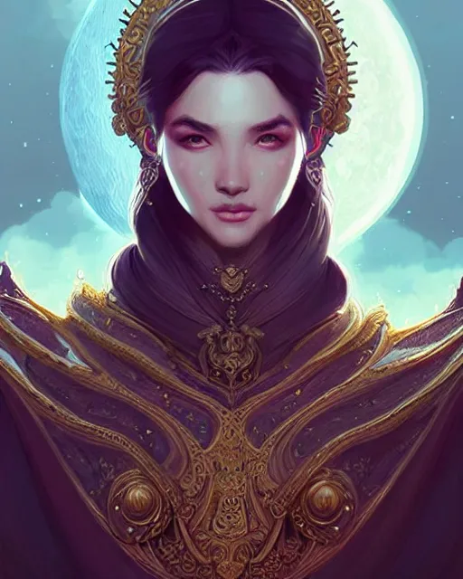 Prompt: portrait of the moon priest, intricate, ornate, elegant and astral dress, digital painting, artstation, concept art by artgerm and wlop