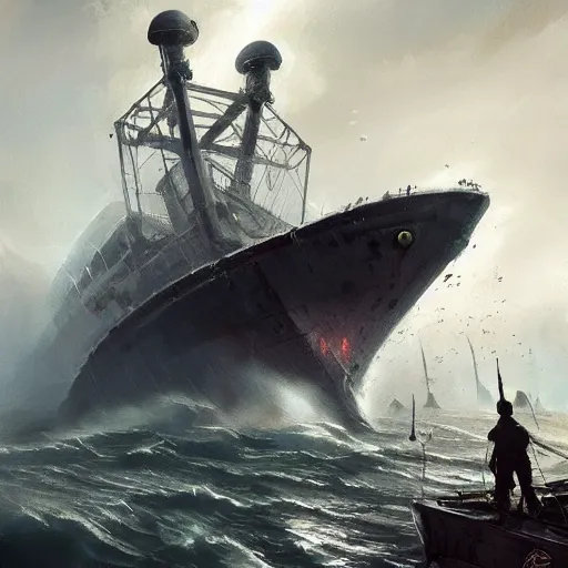 Image similar to war of the worlds ship at sea , highly detailed, illustration, fantasy art, in the style of greg rutkowski, epic, fantasy, intricate, hyper detailed, artstation, concept art, smooth, sharp focus, ray tracing