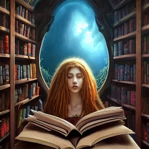 Prompt: by artgerm and agostino arrivabene, visually stunning, cinematic, ultra realistic, hyper realism, epic, octane render, unreal engine, vfx, maya, a girl reading a book, fungal enchanter, murloc tinyfin, dread infernal, wee whelp, battle ram