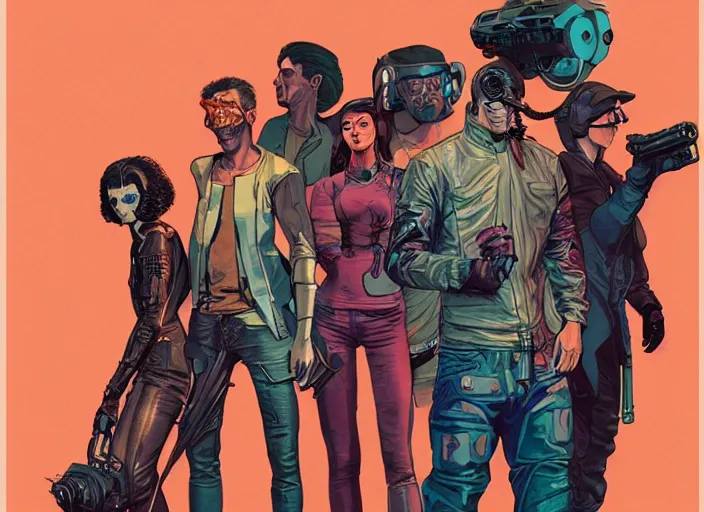 Prompt: cyberpunk heist crew. portrait by stonehouse and mœbius and will eisner and gil elvgren and pixar. character design. realistic proportions. dystopian. cyberpunk 2 0 7 7, apex, blade runner 2 0 4 9 concept art. cel shading. attractive face. thick lines.