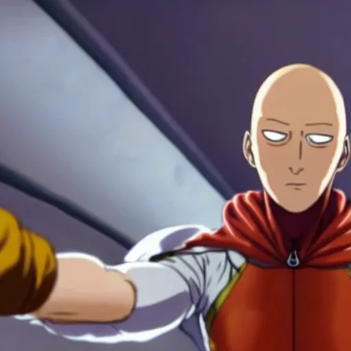 Image similar to film still, full body action shot of ian mckellen playing saitama dressed in the one punch man costume