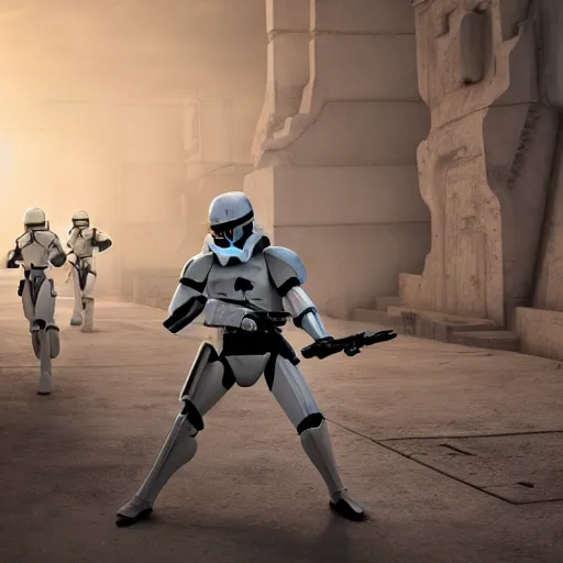 Image similar to epic intricate digital art of a clone trooper training in a simulation in kamino, clone wars, star wars, fan art, hyperrealist, ultra detailed, sharp focus, polished, consistency, octane, arnold, physical, cinema 4 d, unreal engine 5, visual effects, cinematic, 8 k uhd, highest resolution, photoshop, after effects