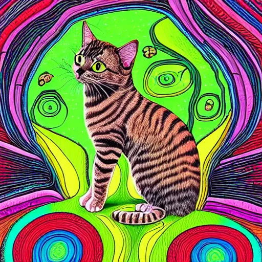 Prompt: psychedelic creative imaginative detailed digital painting of a cat growing entirely out of a fungus