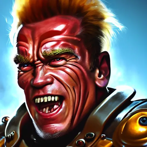 Image similar to a screenshot of arnold schwarzenegger as junkrat in overwatch, portrait, fantasy, beautiful face, vivid colors, elegant, concept art, sharp focus, digital art, hyper - realistic, 4 k, unreal engine, highly detailed, hd, dramatic lighting by brom, trending on artstation