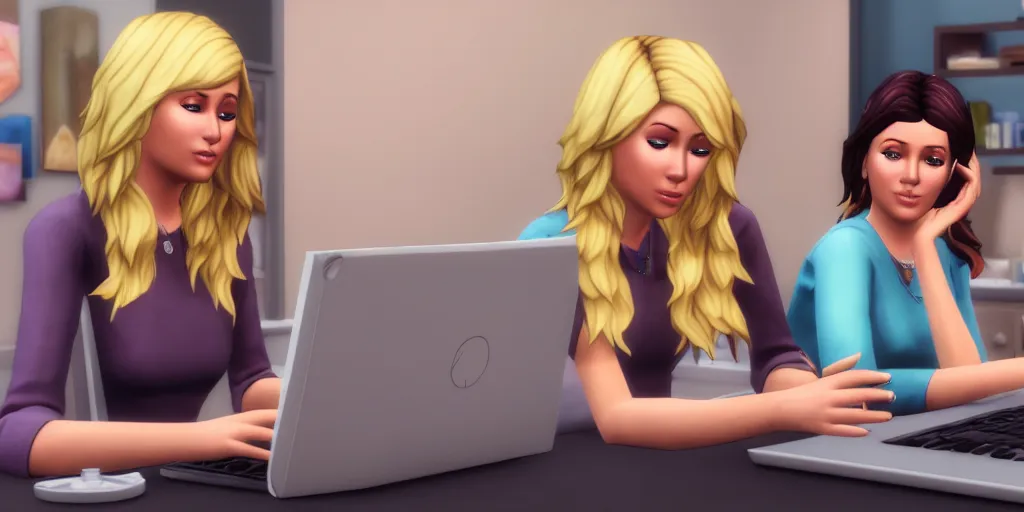 Prompt: a blonde girl and a brunette girl both playing sims 4 on computer Trending on artstation, award winning. Octane render, 4k, unreal 5, very detailed, hyper control-realism.