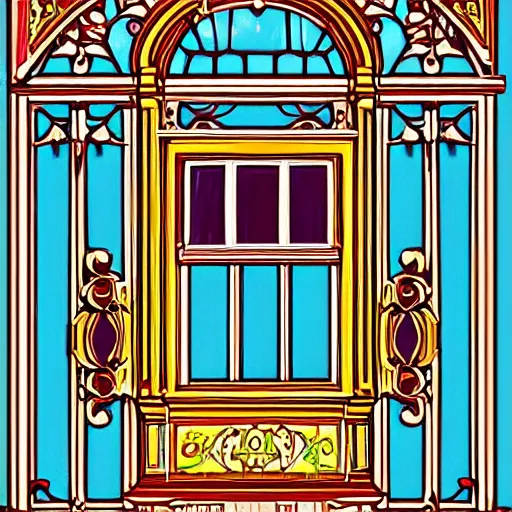 Prompt: digital illustration of a beautiful window open front view, aesthetic, ornate, russian style, colorful architectural drawing, behance contest winner, vintage frame window