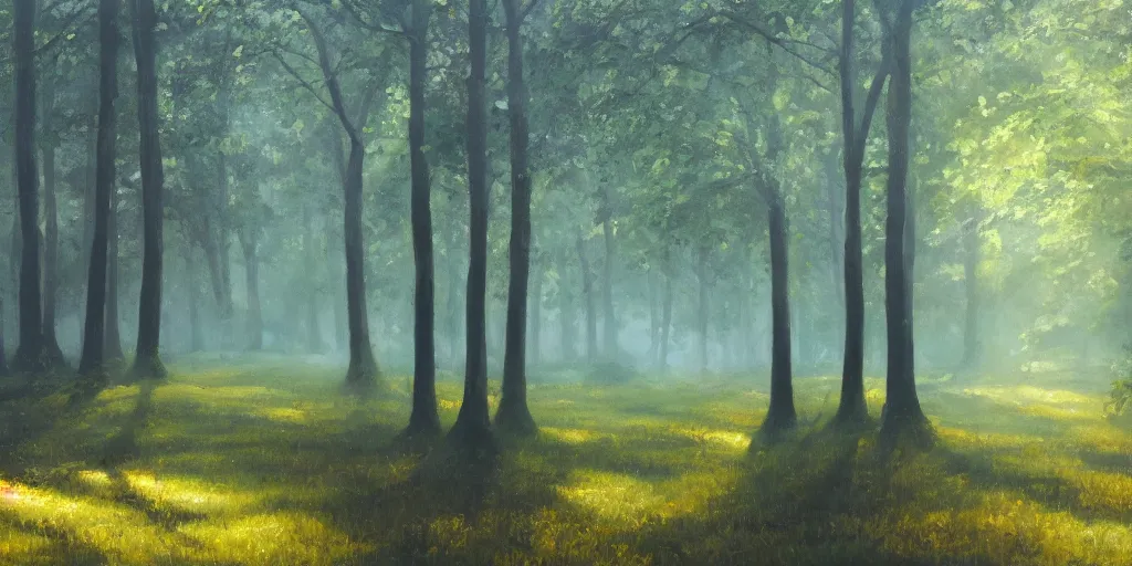 Image similar to An oil painting of an intensely beautiful forest in the morning; rays of light coming through the canopy; trending on artstation