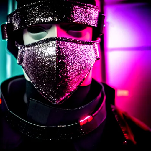 Prompt: selfie at a provocative techwear packed busy rundown nightclub, lots of people, males and females breakdancing, variety of sharp sparkly creepy masks, harnesses and garters, retrofuturism, brutalism, cyberpunk, sigma 85mm f/1.4, 15mm, 35mm, tilted frame, long exposure, 4k, high resolution, 4k, 8k, hd, wide angle lens, highly detailed, full color, harsh light and shadow, intoxicatingly blurry