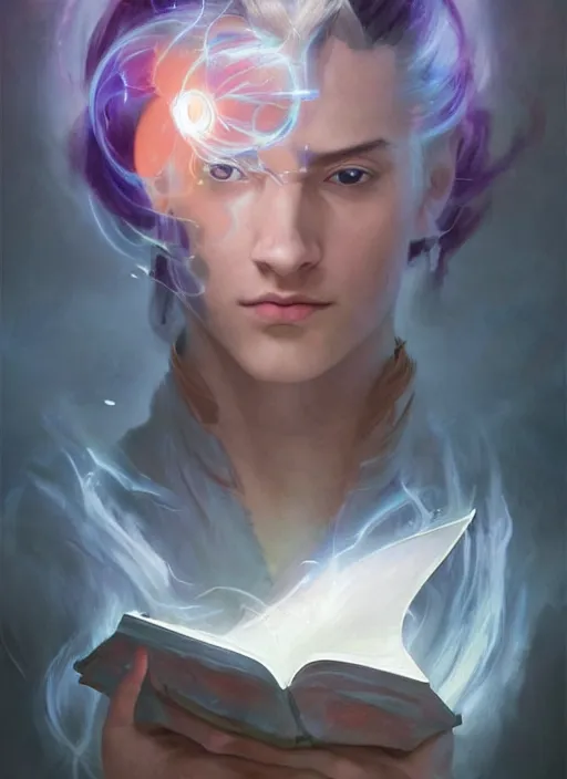 Prompt: character concept portrait of an attractive young Spanish wizard conjuring a violent void spell, a floating iridescent spell book in the center, intricate, elegant, digital painting, concept art, smooth, sharp focus, illustration, from Metal Gear, by Ruan Jia and Mandy Jurgens and William-Adolphe Bouguereau, Artgerm