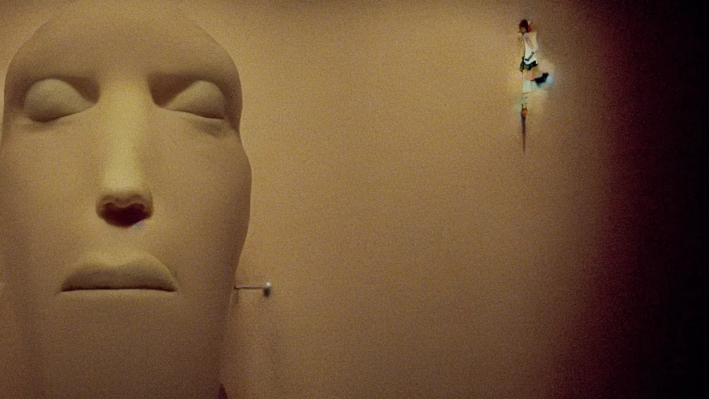 Prompt: a giant head made of wax and water floats through the living room, film still from the movie directed by Denis Villeneuve with art direction by Zdzisław Beksiński, wide lens