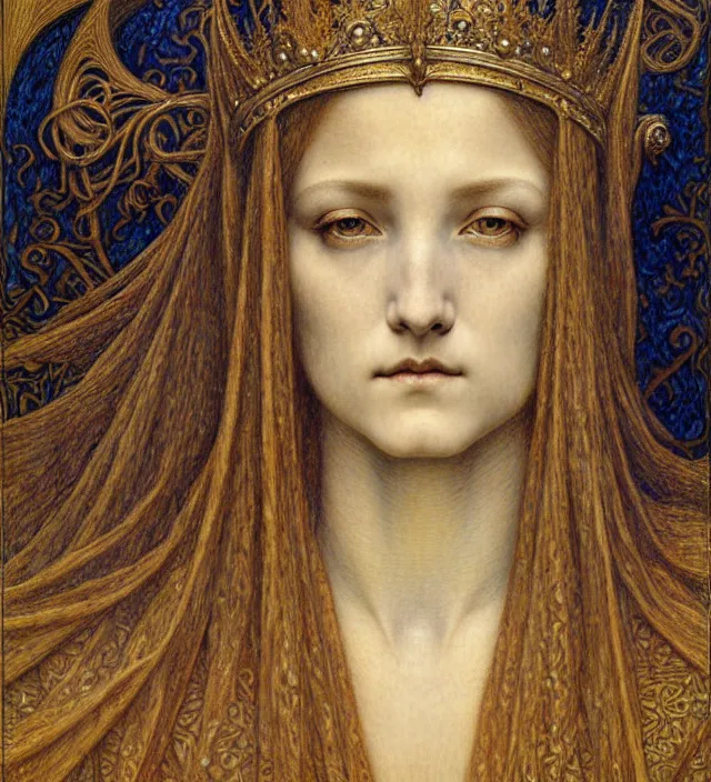 Image similar to detailed realistic beautiful young medieval queen face portrait by jean delville, gustave dore and marco mazzoni, art nouveau, symbolist, visionary, gothic, pre - raphaelite. horizontal symmetry