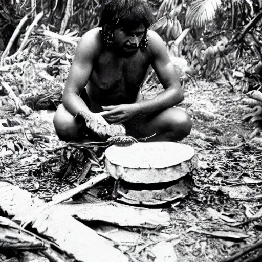 Prompt: Portrait of an Amazon indigenous tribe leader preparing a tarantula over a campfire in the middle of an ominous jungle, 1980s photography