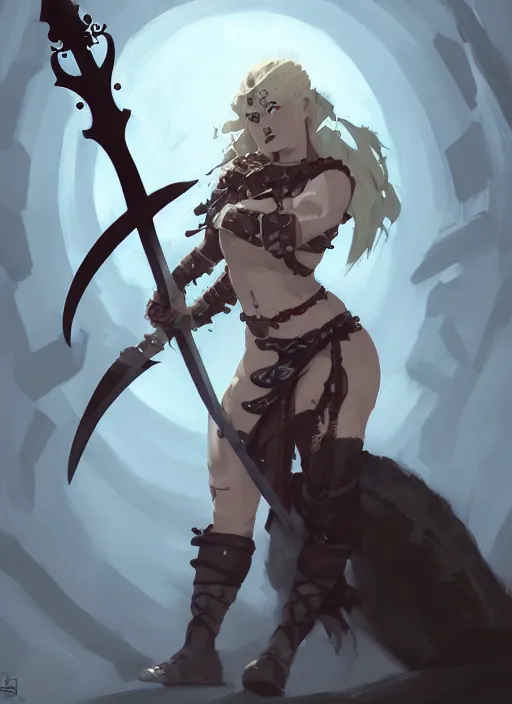 Image similar to portrait of cute goth muscular warrior girl cowered in celtic tattoos, dressed in armor bikini, holding a sword, dark fantasy, by atey ghailan, by greg rutkowski, by greg tocchini, by james gilleard, by joe gb fenton, by kaethe butcher, dynamic lighting, gradient light blue, brown, blonde cream and white color in scheme, grunge aesthetic