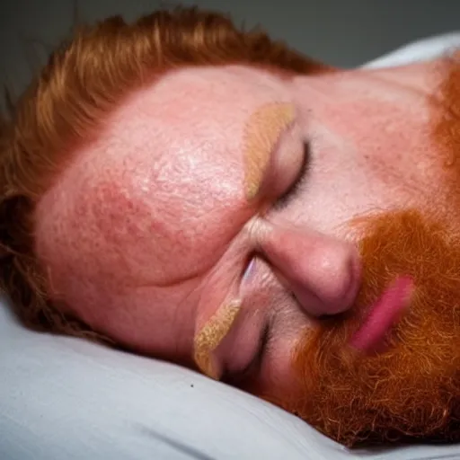 Image similar to a ginger man sleeping on his back, face closeup