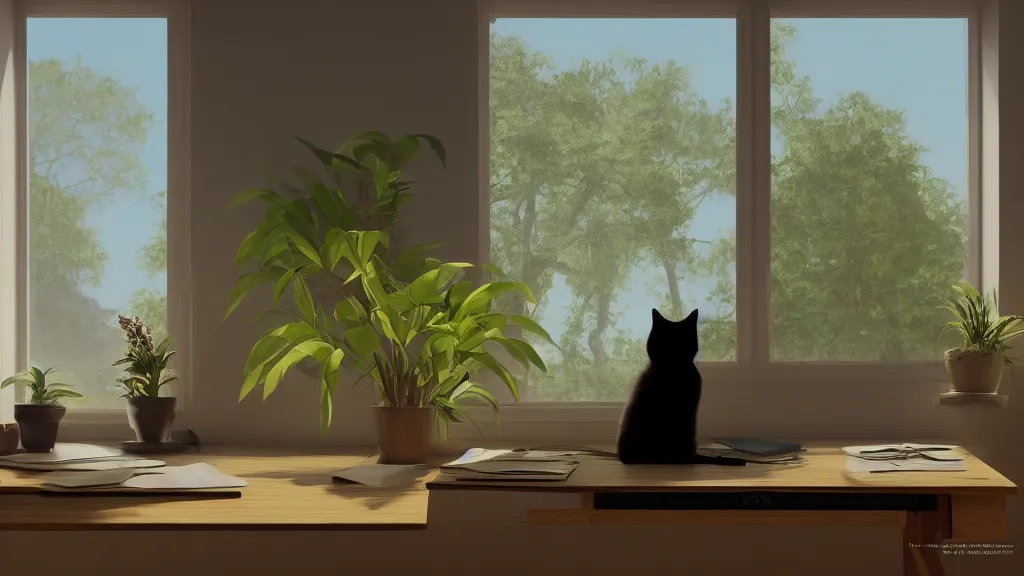 Prompt: peaceful dreamy painting of a sitting at a desk with a black cat, sunshine coming through the window, small plants on the window sill, 8k, hyper realism, trending on artstation, octane render, dynamic lighting