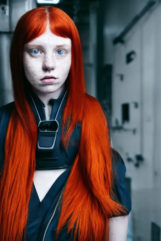 Image similar to portrait photo of a beautiful teenage girl in a futuristic jumpsuit. Red hair, freckles. In an industrial environment. Shallow depth of field. Strong keylight. Highly detailed.