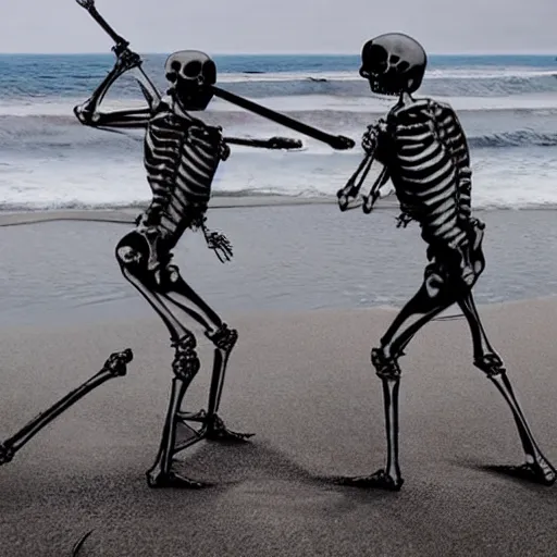 Prompt: two skeletons fighting with swords on a beach