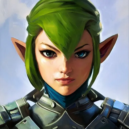 Image similar to greg manchess portrait painting of armored female link from legend of zelda as overwatch character, medium shot, asymmetrical, profile picture, organic painting, sunny day, matte painting, bold shapes, hard edges, street art, trending on artstation, by huang guangjian and gil elvgren and sachin teng