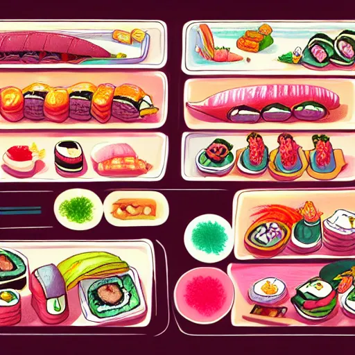 Prompt: illustration of tasty colorful sushi, in traditional japan style, by makoto shinkai and takashi takeuchi