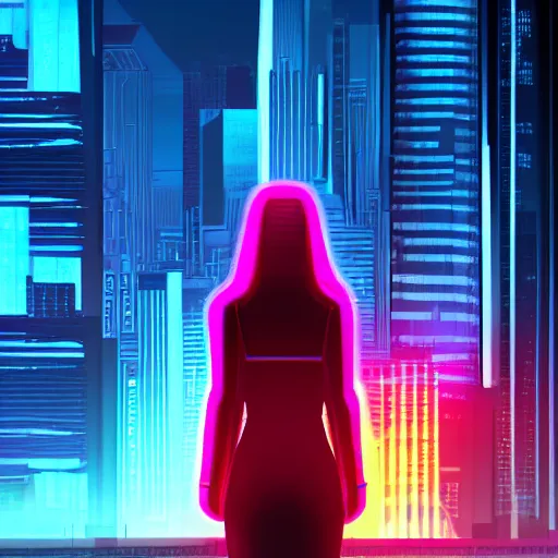 Prompt: cyberpunk woman standing in front of the cityscape, neon colors, sunset, realistic digital painting